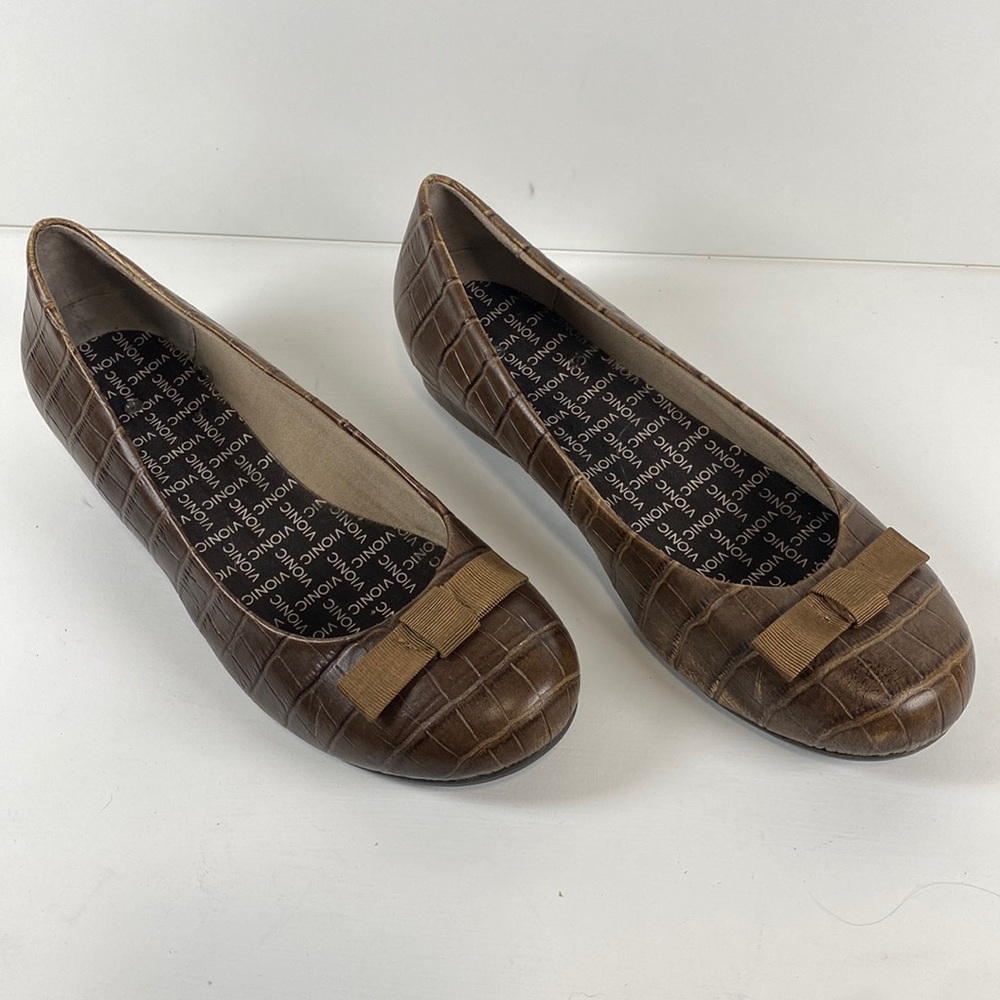 VIONIC Lydia crocodile embossed ballet flats bow‎ front brown
